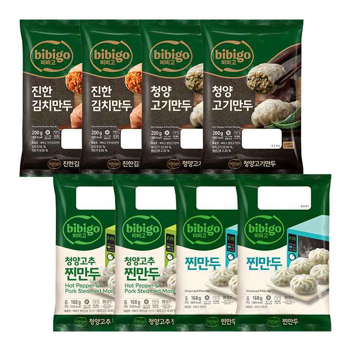 [렌지업 만두세트] 비비고 진한김치X2개+청양고기200gX2개+찐만두X2개+청양고추찐만두168gX2개 총 8개