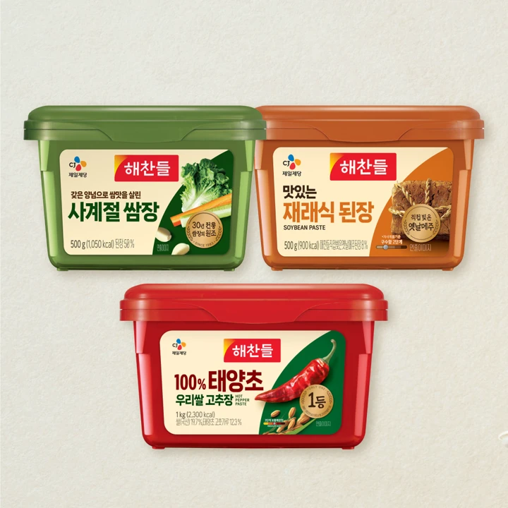 [해찬들기획세트]해찬들 재래식 된장 500g+100% 태양초 우리쌀 고추장 1kg+사계절 쌈장 500g