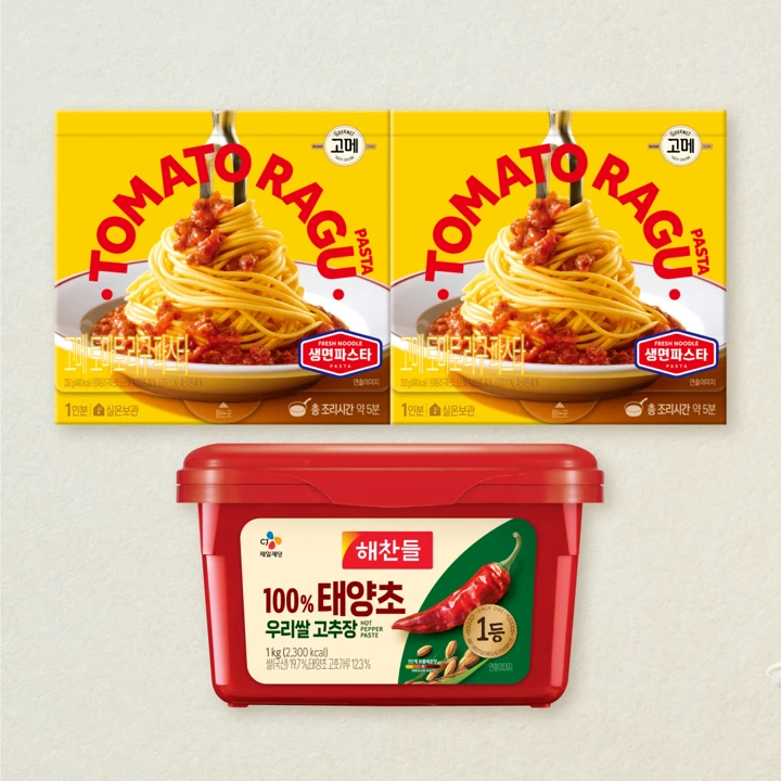 [취사병 생면파스타 세트]고메 토마토라구생면파스타250GX2개+해찬들 100% 태양초 우리쌀 고추장 1kg