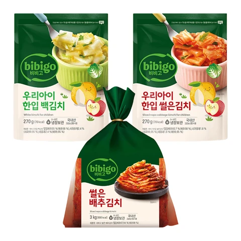 비비고 썰은배추김치 3kg+우리아이 백김치270g+우리아이 썰은김치270g