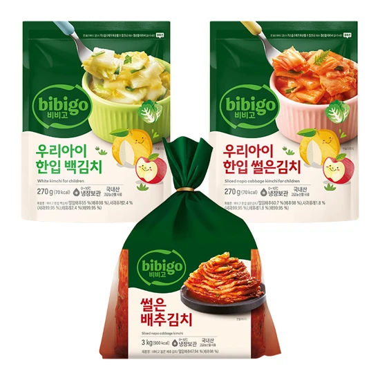 비비고 썰은배추김치 3kg+우리아이 백김치270g+우리아이 썰은김치270g