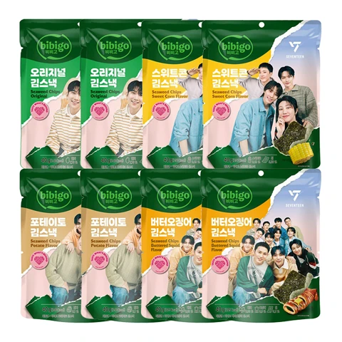 [비비고|세븐틴]비비고 김스낵 오리지널X2개+스위트콘X2개+포테이토X2개+버터오징어X2개