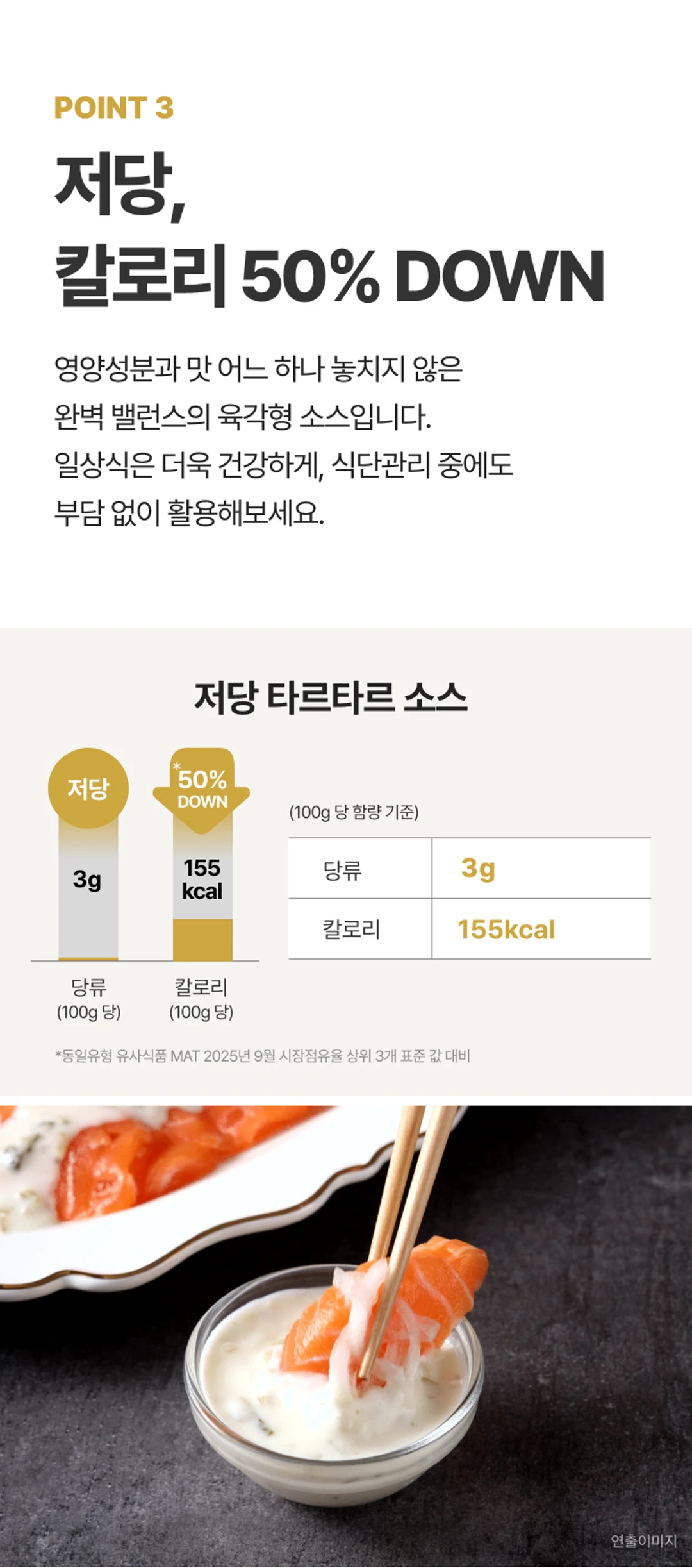 백설 흑백요리사 저당 타르타르소스 영양 정보 — 100g당 당류 3g 및 칼로리 155kcal 기준의 저당 칼로리 설계